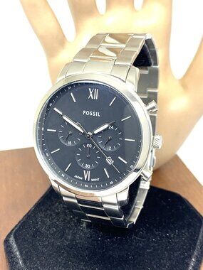 Fossil Men's Watch FS5384 Neutra Quartz Black Dial Silver Stainless Steel 44mm